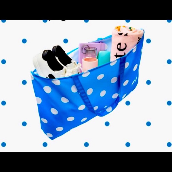 Kate Spade Reusable Canvas XL Blue Polka Dot Tote Bag - Picture 2 of 4
